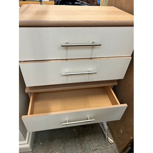 339 - 2 X LOW-LEVEL BEDSIDE CABINETS. A 2 & A 3 DRAWER. CREAM WITH BEECH EFFECT FRAME. STAINLESS BAR HANDL... 