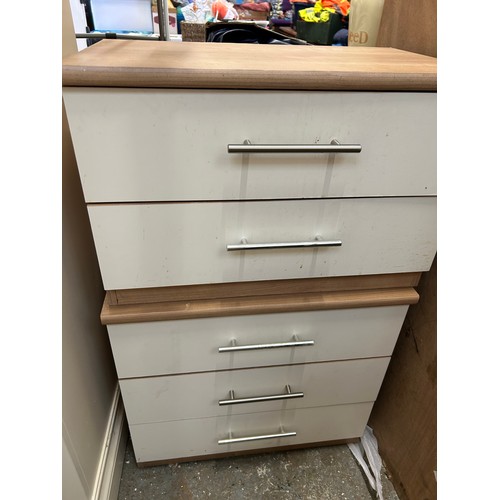 339 - 2 X LOW-LEVEL BEDSIDE CABINETS. A 2 & A 3 DRAWER. CREAM WITH BEECH EFFECT FRAME. STAINLESS BAR HANDL... 