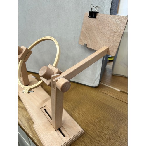 347 - EMBROIDERY AID HOOP HOLDER/STAND. WOODEN & ADJUSTABLE.