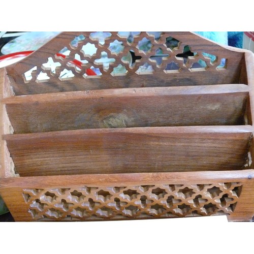 361 - WOODEN FRETWORK LETTER RACK WITH STATIONARY BOX & 2 PKS OF NOTECARDS