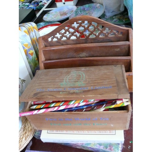 361 - WOODEN FRETWORK LETTER RACK WITH STATIONARY BOX & 2 PKS OF NOTECARDS