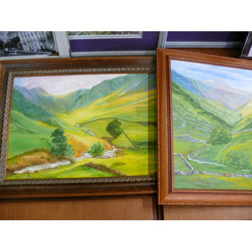 372 - 2 X FRAMED PAINTINGS OF LANDSCAPES. 2 X FRAMED WOODLAND PHOTOGRAPHS, AND EMPTY FRAMES.