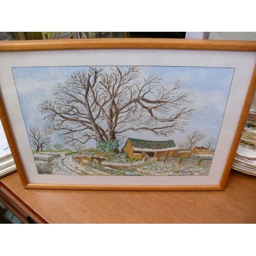 381 - A PETER HODSON FRAMED/GLAZED ORIGINAL PAINTING. ALSO 3 X FRAMED PAINTINGS BY RE.MORGAN 80'S/90'S.