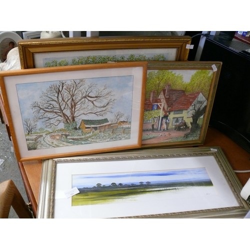 381 - A PETER HODSON FRAMED/GLAZED ORIGINAL PAINTING. ALSO 3 X FRAMED PAINTINGS BY RE.MORGAN 80'S/90'S.