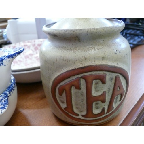 386 - 3 LARGE CERAMIC JUGS, 2 LARGE DISHES, A STONEWARE TEA CADDY AND 2 SMALL 2 HANDLED BOWLS.