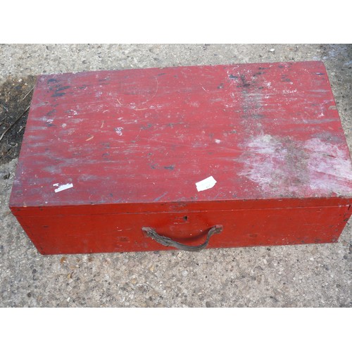 417 - LARGE WOODEN TOOL BOX WITH CONTENTS, PAINTED RED