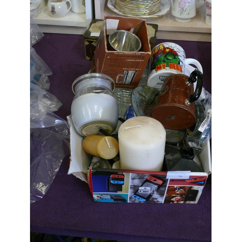 70 - A MIXED BOX TO INCLUDE CANDLES, METALWARE, MUGS ETC