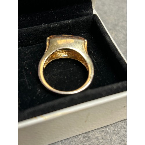 23 - A LOVELY RING WITH LARGE CITRINE COLOUR STONE GOLD PLATED SIZE P GIFT BOX