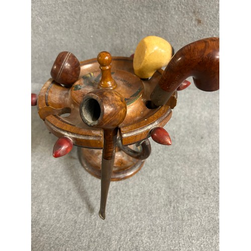 3 - VERY NICE PIPE RACK IN THE FORM OF A SHIPS WHEEL PLUS 4 PIPES ONE MEERSCHAUM PIPE