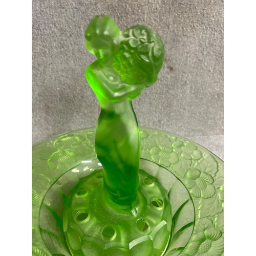 1 - AN ART DECO 1930’s PRESSED GREEN GLASS POSY DISH TOWERING FIGURE OF LADY HOLDING FLOWERS WITH POSIES... 