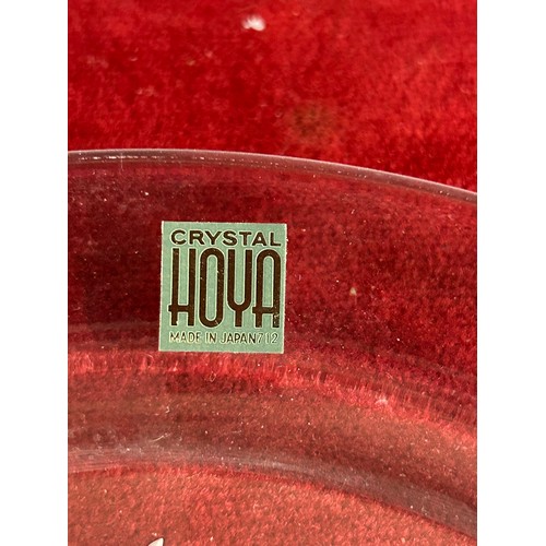 6 - A beautiful heavy crystal dish etched with design of sweet peas by Crystal Hoya Japan, signed piece