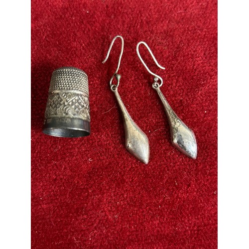 7 - A sterling silver thimble with Birm hallmark and a pair of silver metal earrings