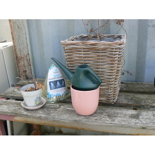 261 - WICKER BASKET PLANTER WITH SMALL WATER CAN, PLANT COVERS ETC.