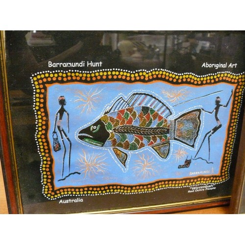 336 - 2 X AUSTRALIAN ABORIGINAL ART PICTURES. 'BARRAMUNDI HUNT' WIRRIMBAH RED OCHRE PEOPLE. ALSO 'THE DOLP... 