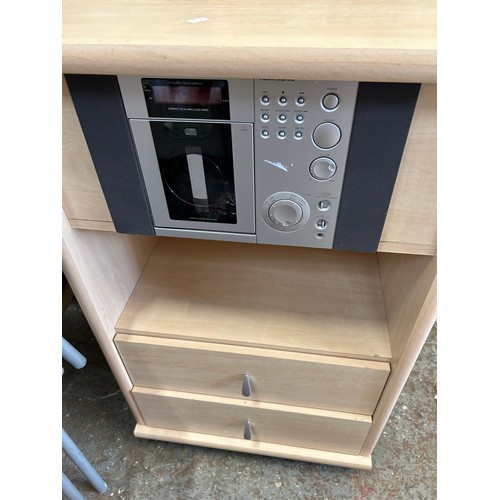 378 - BEECH CD CABINET ON CASTORS CONTAINING FURNTRONIC CD PLAYER AND STORAGE DRAWERS AND SHELF.