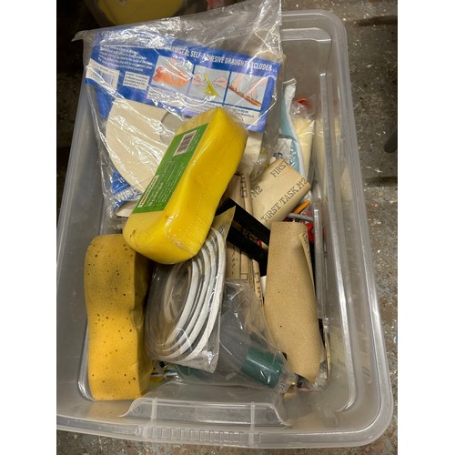 409 - A LARGE LIDDED BOX OF DECORATING ITEMS SANDPAPER, NEW SPONGES ETC