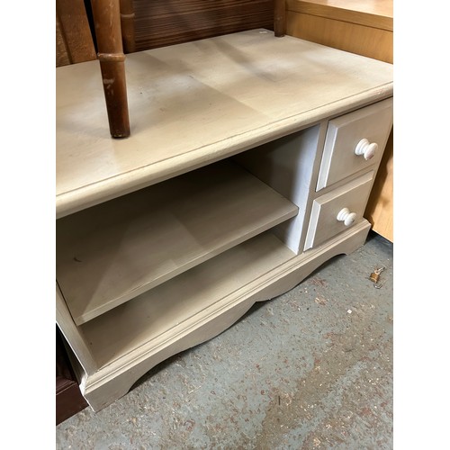 418 - PINE 2 DRAWER AND 2 SHELF PAINTED LOW CABINET