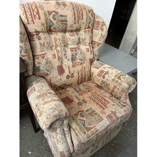 445 - VERY NICE ARMCHAIR UPHOLSTERED WITH AZTEC PATTERN FABRIC