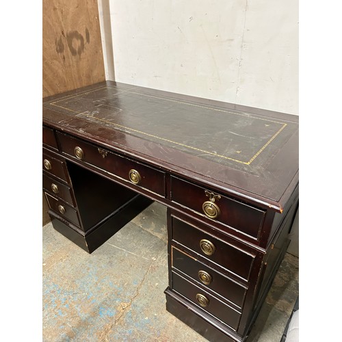 454 - VINTAGE DARK WOOD TWIN PEDASTAL DESK WITH LEATHER TOP