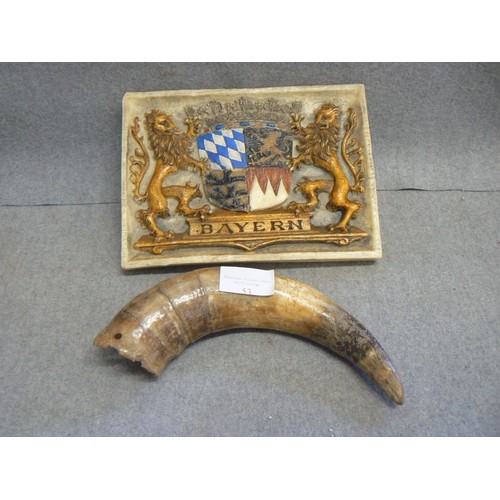 53 - A BAYERN WAX PLAQUE AND A VINTAGE HORN