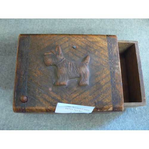 55 - 1930'S MARQUETRY TRINKET BOX WITH SCOTTIE DOG DESIGN AND SPRING ACTION OPENING PLUS A FUTHER MARQUET... 