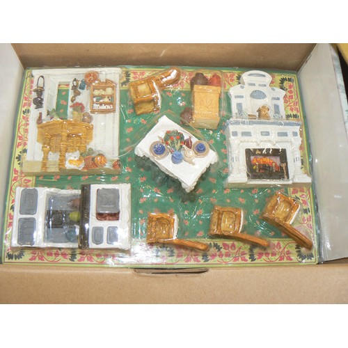 85 - 4 MINIATURE ROOM SETTINGS OF DOLLS HOUSE FURNITURE WITH ORIGINAL BOXES