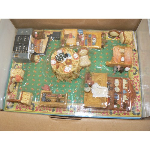 85 - 4 MINIATURE ROOM SETTINGS OF DOLLS HOUSE FURNITURE WITH ORIGINAL BOXES