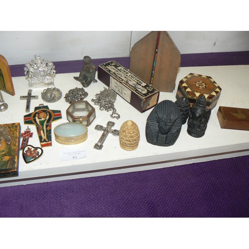 81 - LARGE COLLECTION OF INTERESTING ITEMS TO INCLUDE SILVER METAL PENDANTS, MICROMOSAIC AND ENAMEL RELIG... 