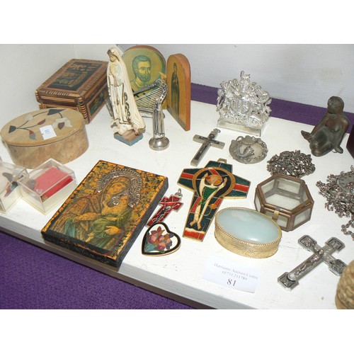 81 - LARGE COLLECTION OF INTERESTING ITEMS TO INCLUDE SILVER METAL PENDANTS, MICROMOSAIC AND ENAMEL RELIG... 