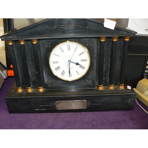 97 - LARGE SLATE MANTLE CLOCK WITH STERLING SILVER PRESENTATION PLAQUE 1923