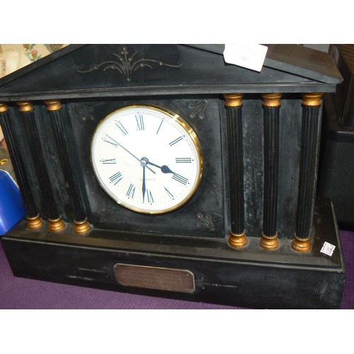 97 - LARGE SLATE MANTLE CLOCK WITH STERLING SILVER PRESENTATION PLAQUE 1923