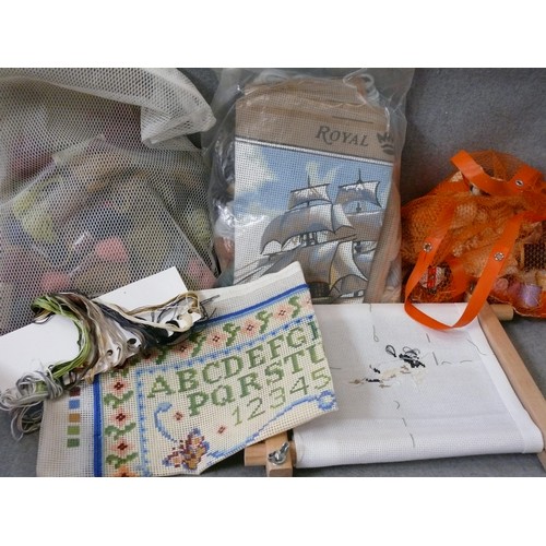 162 - BOX OF VARIOUS CROSS STITCH AND TAPESTRY PATTERNS AND THREAD