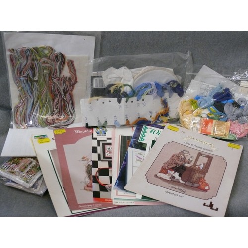 162 - BOX OF VARIOUS CROSS STITCH AND TAPESTRY PATTERNS AND THREAD