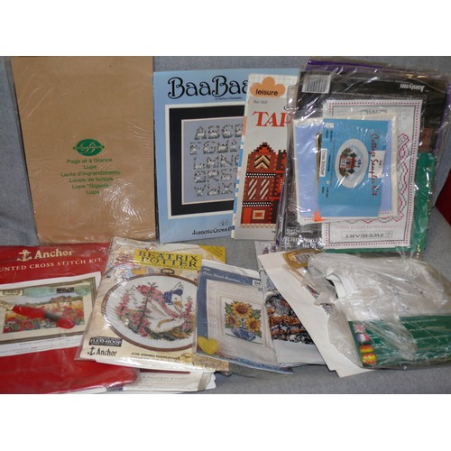 162 - BOX OF VARIOUS CROSS STITCH AND TAPESTRY PATTERNS AND THREAD