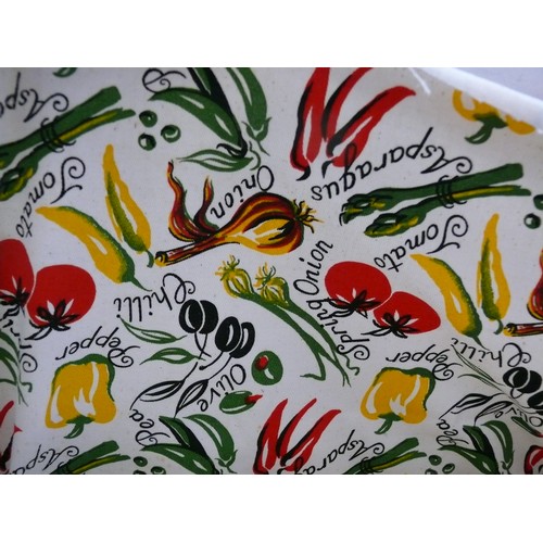 203 - LARGE FABRIC ROLL OF HEAVY COTTON DRILL. NATURAL. 'MEDITERRANEAN VEG' VIBRANT COLOURFUL DESIGN.