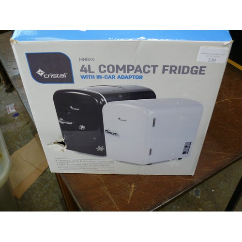 239 - 4L COMPACT FRIDGE WITH IN-CAR ADAPTOR. WITH BOX.