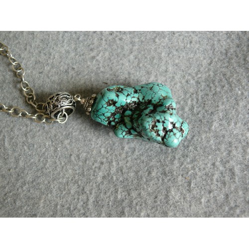 21 - SILVER AND TURQUOISE ETHNIC JEWELLERY LONG CHAIN