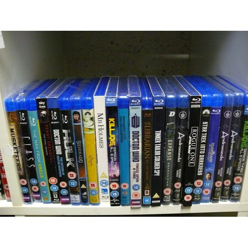 265 - 3 X CUBES OF MOSTLY NEW/SEALED BLU-RAY DVD'S. [65+] INC DR WHO, ANDROMEDA, MAN FROM UNCLE, SHERLOCK.