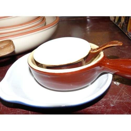 297 - DENBY STONEWARE SOUP BOWL WITH HANDLE AND SAUCER. 2 X EMILE HENRY, & AN APILCO FRENCH CERAMIC OVEN D... 