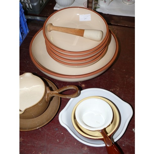 297 - DENBY STONEWARE SOUP BOWL WITH HANDLE AND SAUCER. 2 X EMILE HENRY, & AN APILCO FRENCH CERAMIC OVEN D... 