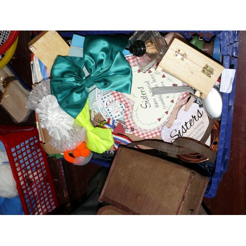 300 - MIXED BOX OF ODDMENTS. INC VINTAGE BOX CAMERA, JOHN LENNON BOOK, HAIR BOWS, PERFUME BOTTLES, TRINKET... 