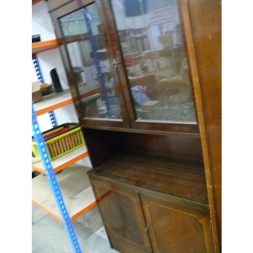 359 - LATE 20TH CENTURY MAHOGANY WALL UNIT WITH CUPBOARD BELOW, GLAZED CABINET ABOVE WITH CUT GLASS GLAZIN... 