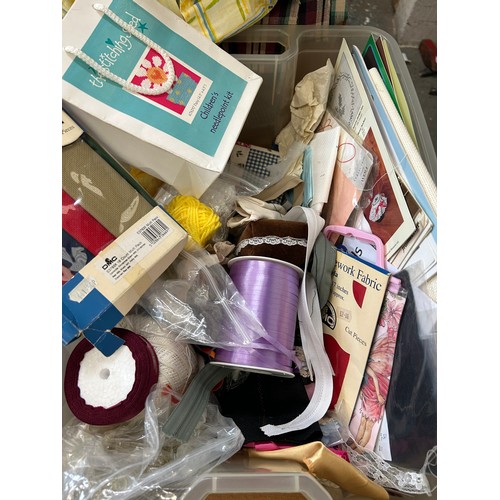 438 - LARGE BOX OF MIXED HABERDASHERY ITEMS INC EMBROIDERY THREADS, GOLD THREAD, RIBBONS ETC