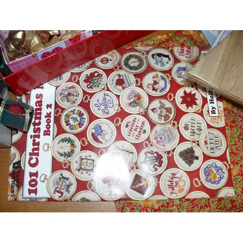 373 - CHRISTMAS WRAPPING & DECORATION BOX TO INCLUDE DECORATIVE RIBBONS, STAR & HEART BAUBLES, BEADS, BELL... 