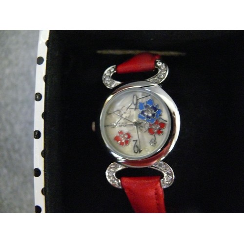 375 - NEXT FLOWER WATCH WITH RED LEATHER STRAP WITH BOX, A PRETTY MARCASITE NECKLACE, POLISHED STONE NECKL... 