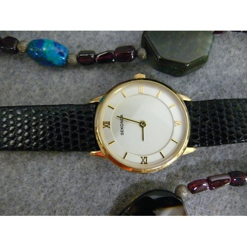 375 - NEXT FLOWER WATCH WITH RED LEATHER STRAP WITH BOX, A PRETTY MARCASITE NECKLACE, POLISHED STONE NECKL... 