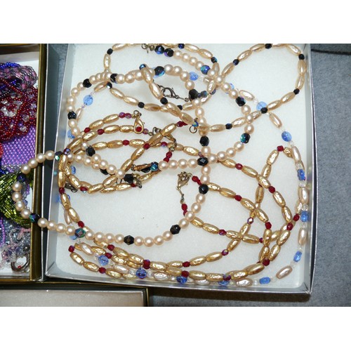 380 - 5 BOXES OF BEADED JEWELLERY - NECKLACES, BRACELETS, FAUX PEARL ETC