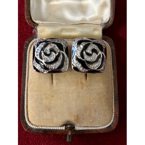 29 - A PAIR OF SILVER EARRINGS WITH DIAMANTE AND BLACK ENAMEL IN LOVELY OLD BOX