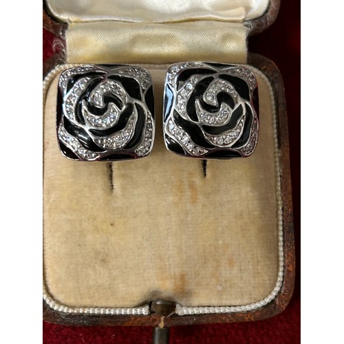 29 - A PAIR OF SILVER EARRINGS WITH DIAMANTE AND BLACK ENAMEL IN LOVELY OLD BOX