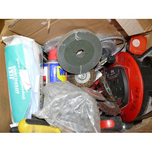 396 - BOX OF ASSORTED TOOLS ETC INC 8M EXTENSION LEAD, FIRST AID KIT, WD40, FACE MASKS ETC